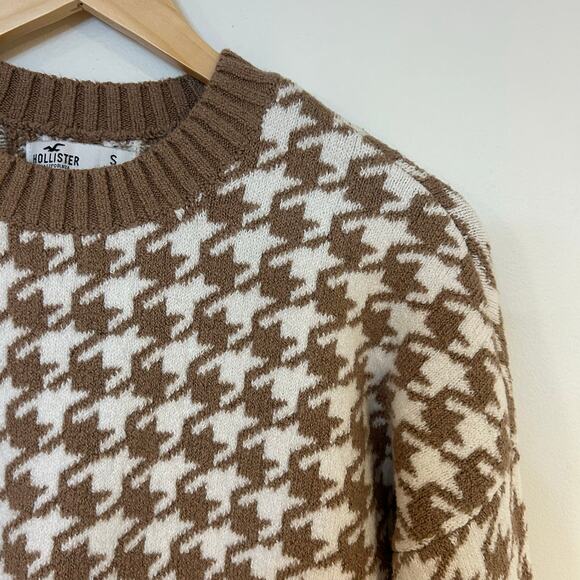 HOLLISTER Sz S Houndstooth Brown White Oversized Crop Very Soft Women’s Sweater - Picture 3 of 9